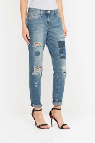 Mid Blue Patch And Ripped Boy Fit Jeans